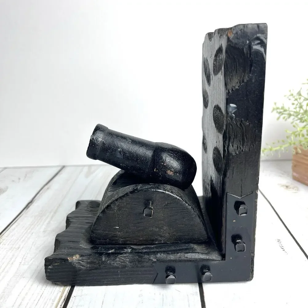 Wood & Metal Rustic Carved Cannon 1 Bookend Black Castle Spanish Nautical Pirate